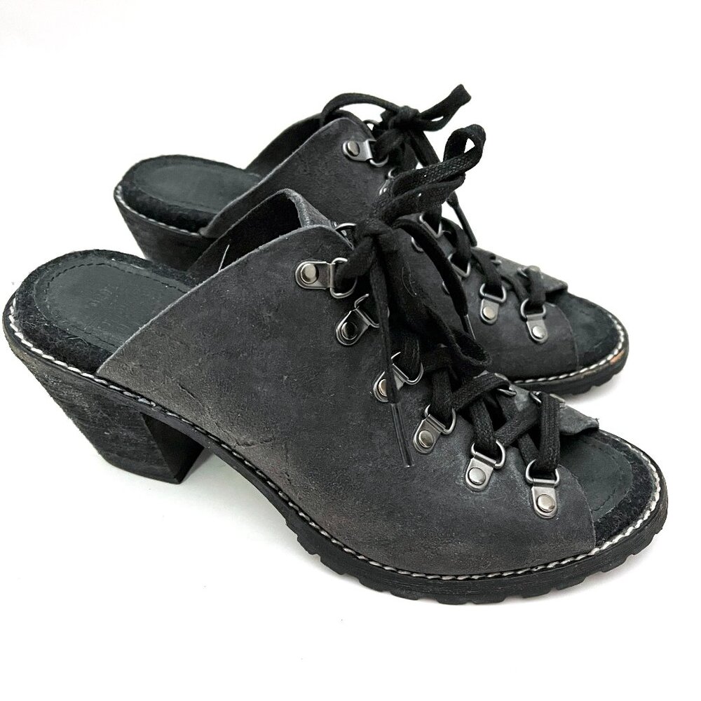 Woolrich Suede Lace Up Open Toe Heel Clog Mules Metal Rings Steampunk Cosplay